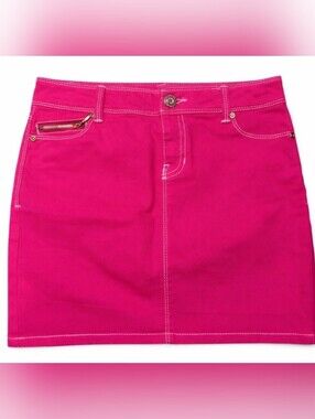 Cache Hot Pink Denim Mini Skirt with Contrast Stitching